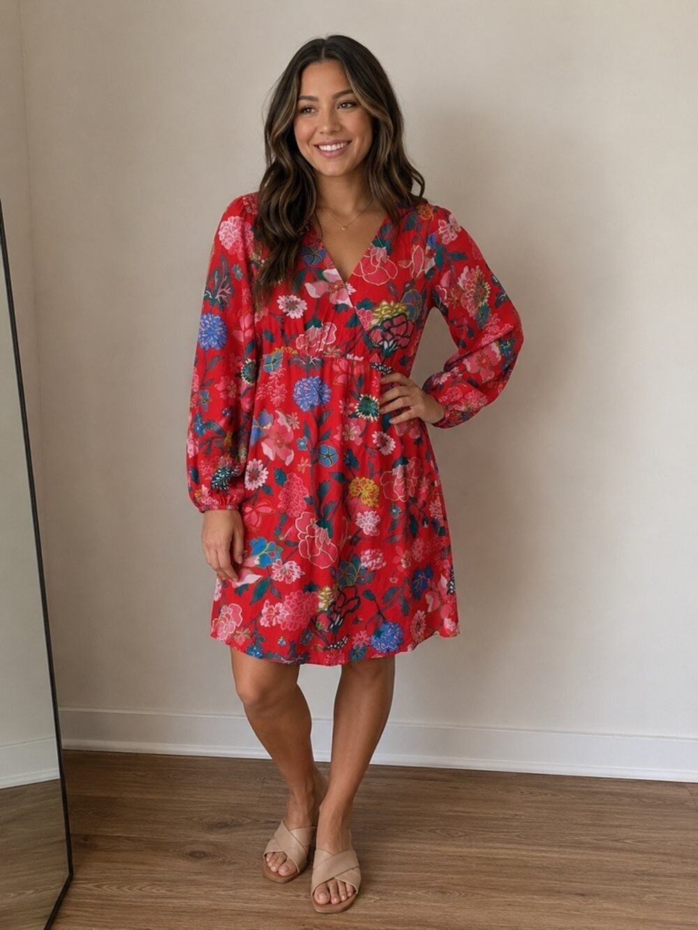 J. Crew Red Floral Wrap Mini Dress Size 2 NWT Tropical Party Long Sleeve Dress